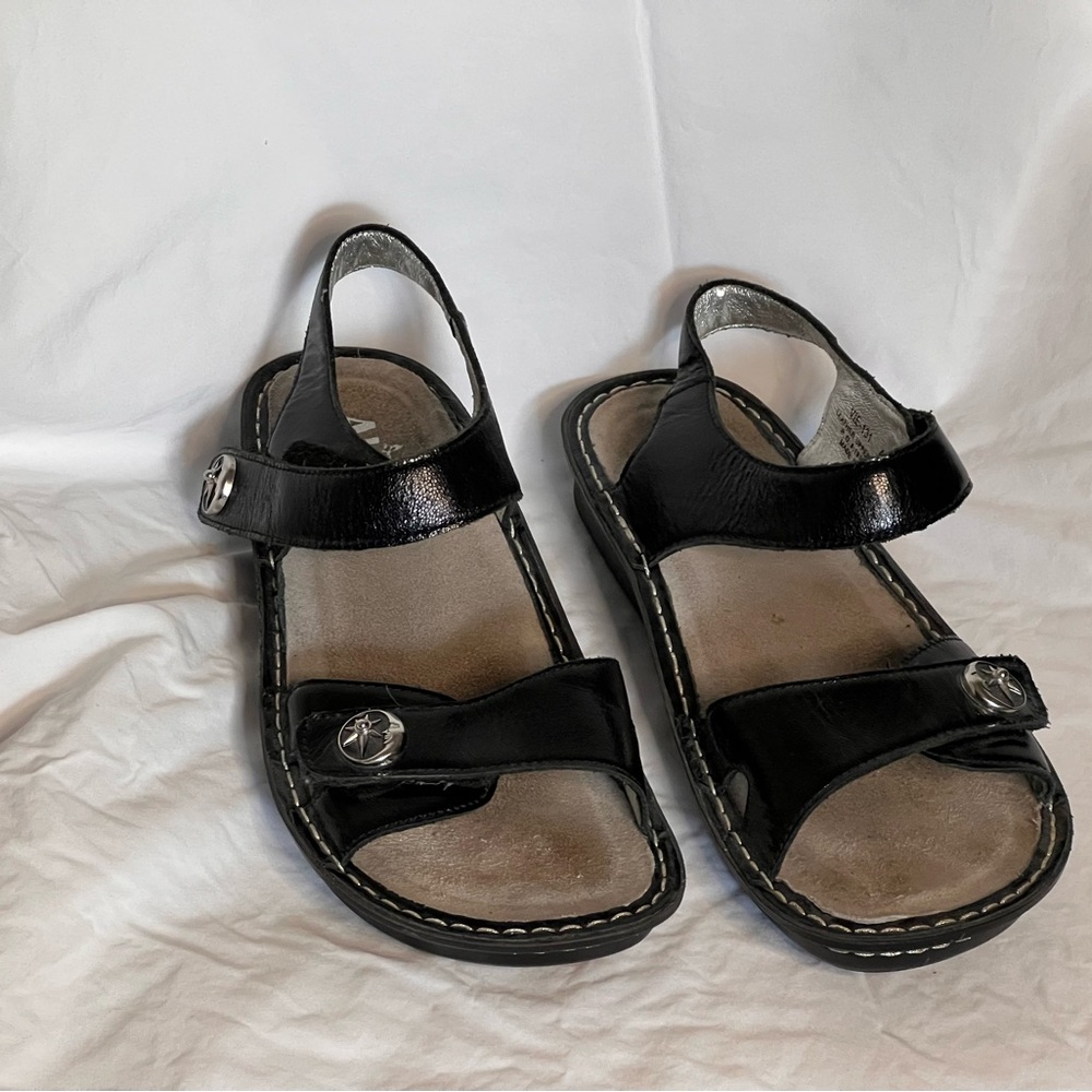 Alegria Black Leather Velcro Strap Sandals